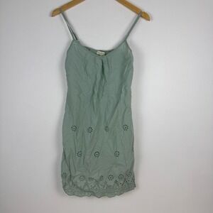 World Market Sage Green Eyelet Cotton Slip‎ Dress Mini Spaghetti Strap S M Boho